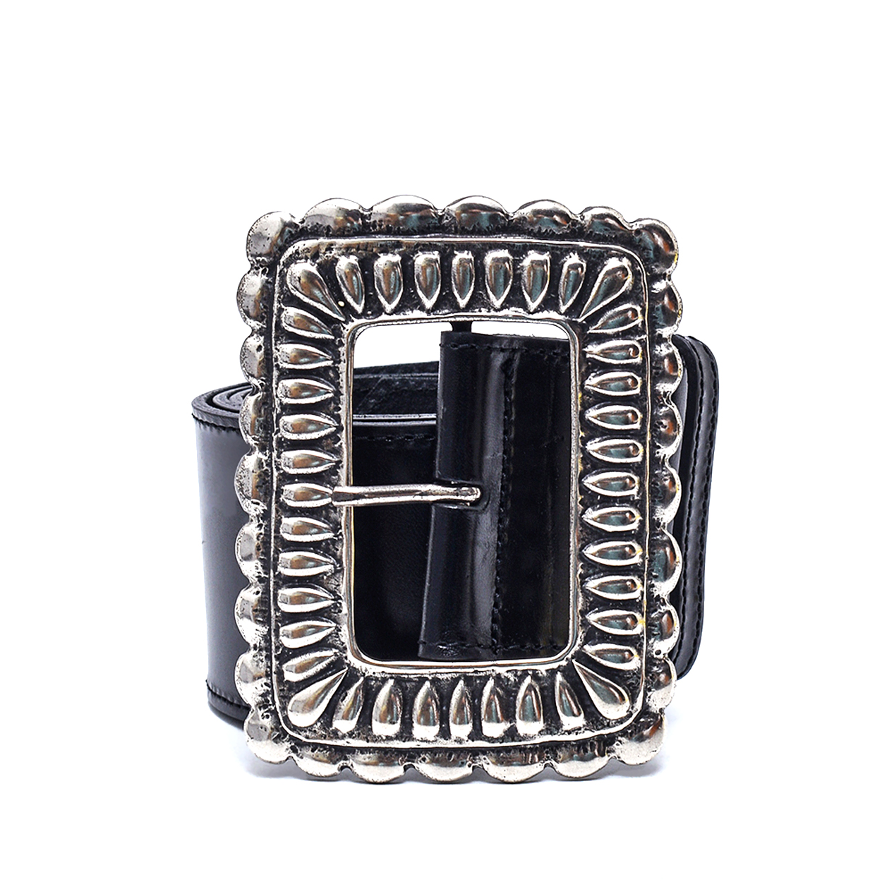 Etro-Black Calf Leather Embossed Silver Toned Buckle Belt / 85